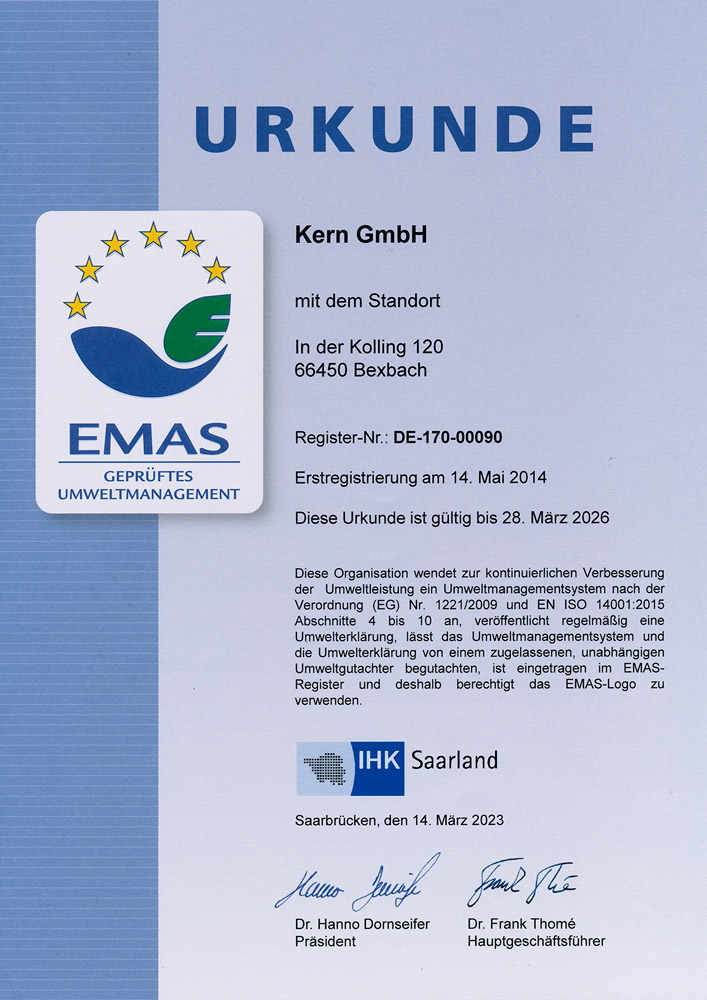 Kern GmbH EMAS Registrierungsurkunde