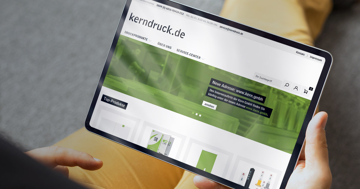 Der neue Kern Webshop, angezeigt auf einem Tablet.