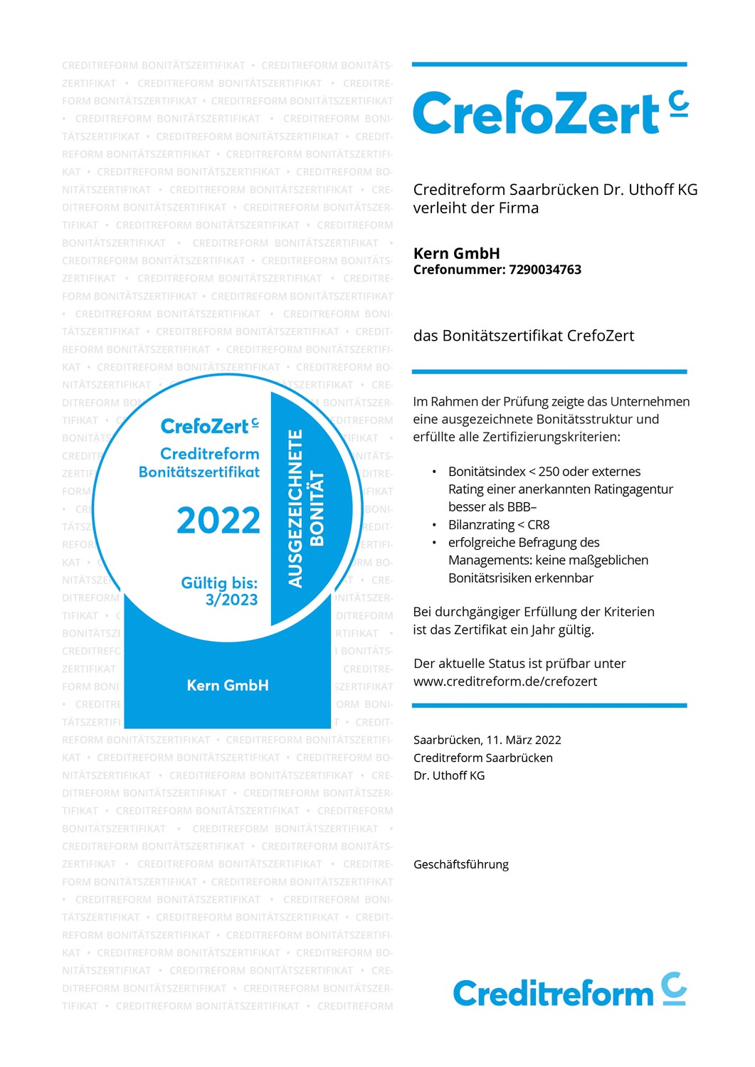 Kern GmbH Bonitätszertifikat CrefoZert