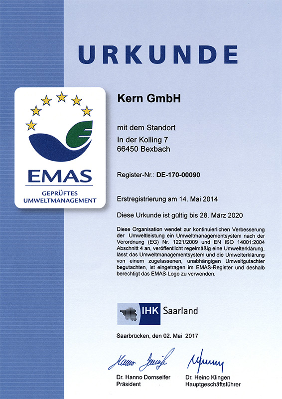Kern GmbH EMAS Registrierungsurkunde