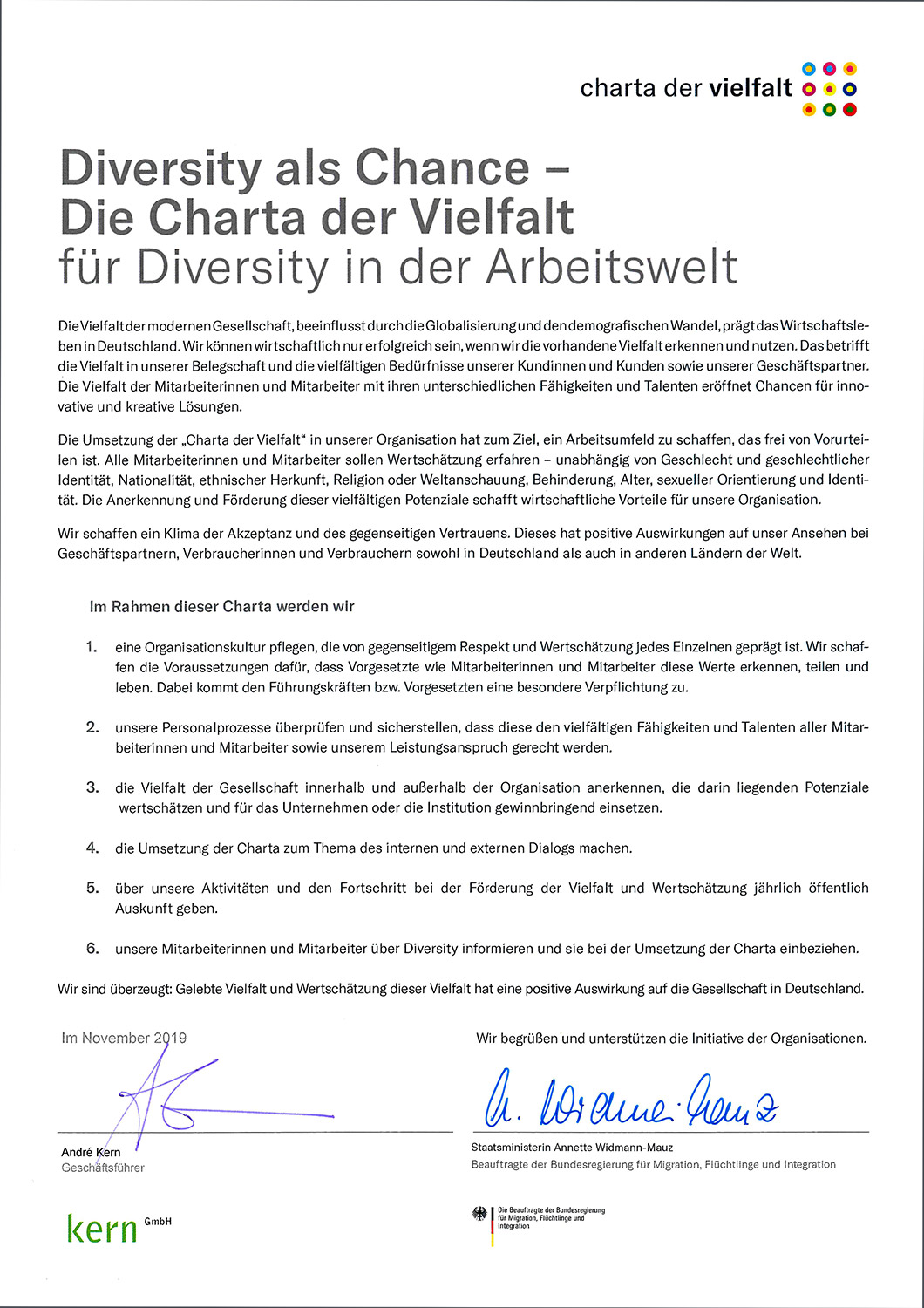Urkunde "Charta der Vielfalt"
